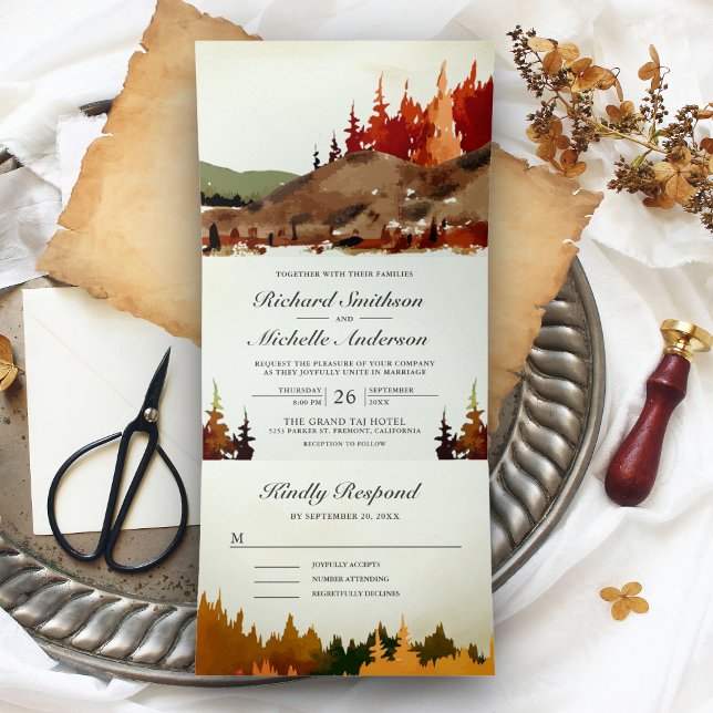 Rustic Woodland Autumn Forest Mountain Wedding Tri-Fold Invitation (Creator Uploaded)