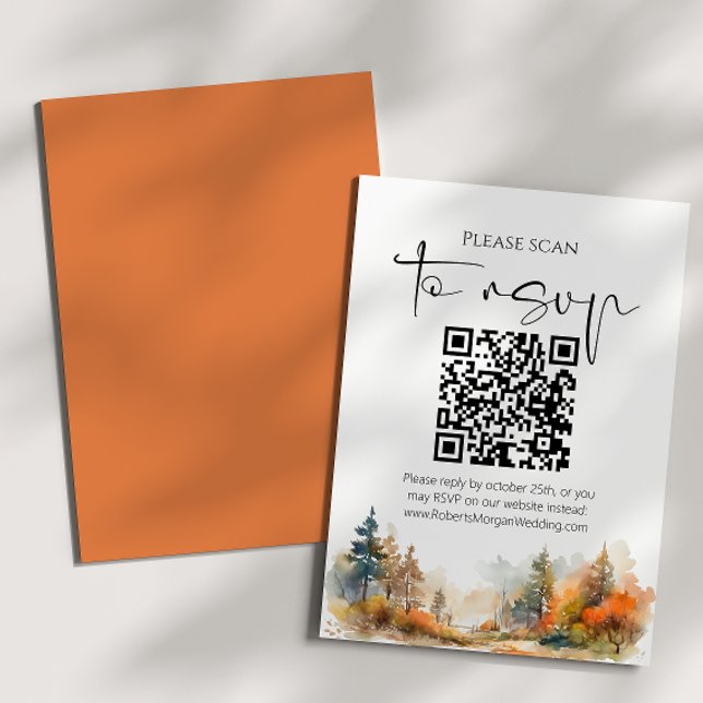Rustic Woodland Autumn Forest QR code Wedding RSVP Card (Creator Uploaded)