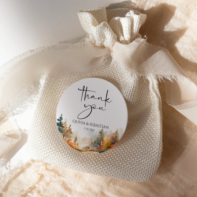 Rustic Woodland Autumn Forest Thank you Classic Round Sticker (Creator Uploaded)