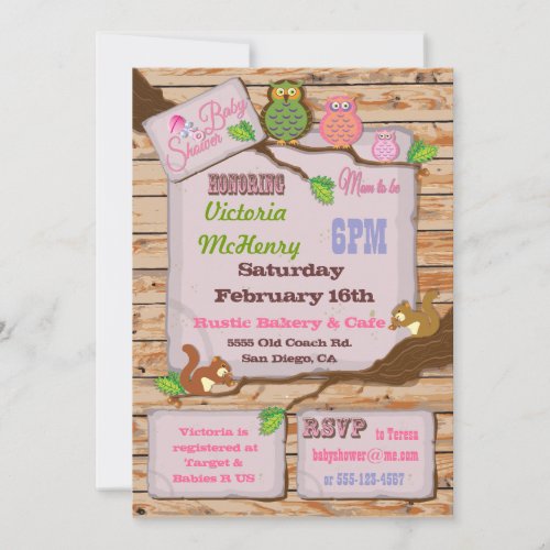 Rustic Woodland Baby Girl Shower Invitations