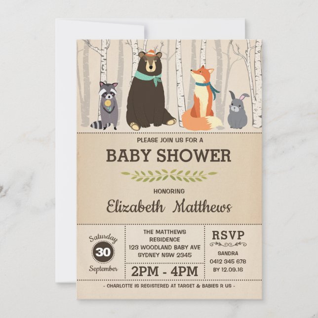Rustic Woodland Baby Shower Forest Animals Invitation (Front)