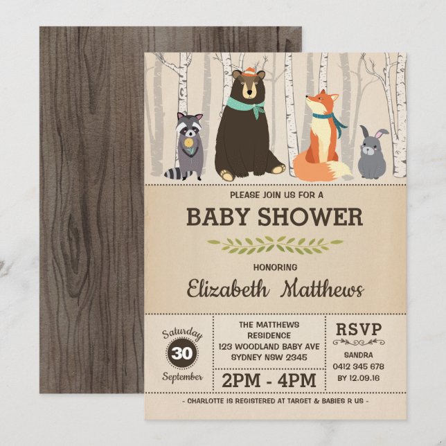 Rustic Woodland Baby Shower Forest Animals Invitation (Front/Back)