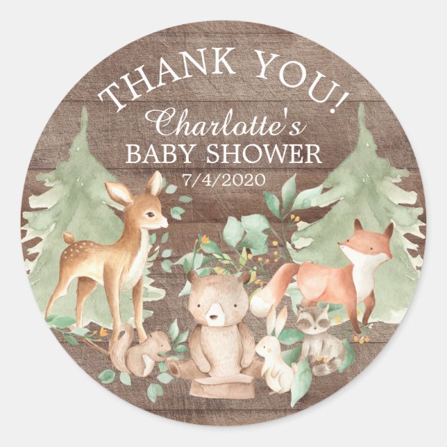Rustic Woodland Baby Shower Thank You Favor Classic Round Sticker (Front)