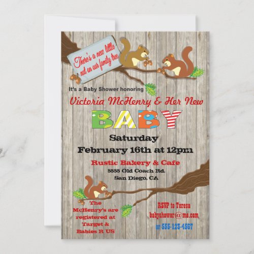 Rustic Woodland Baby Squirrel Baby Shower Invites