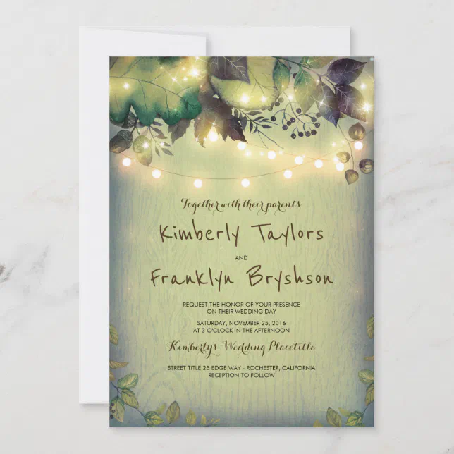 Rustic Woodland Barn String Lights Wedding Invitation | Zazzle