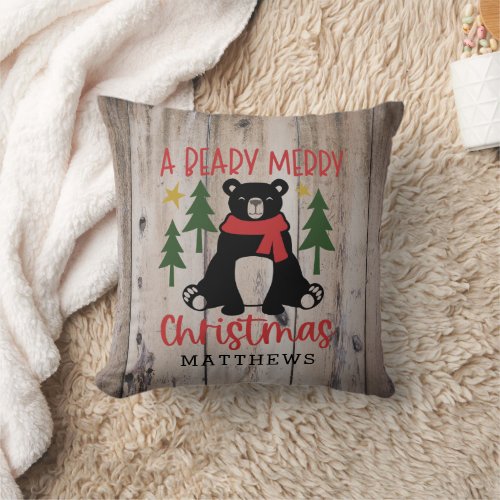 Rustic Woodland Barn Wood Bear Christmas  Throw Pillow