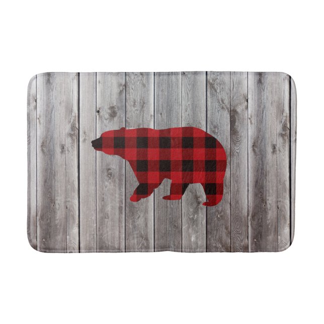 rustic woodland barn wood red buffalo plaid bear bath mat (Front)