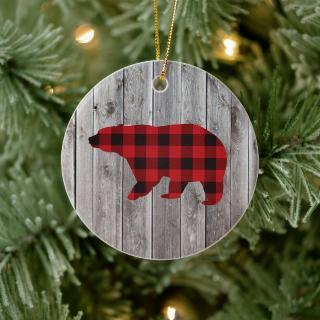 rustic woodland barn wood red buffalo plaid bear ceramic ornament (Tree)
