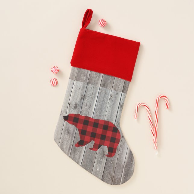 rustic woodland barn wood red buffalo plaid bear christmas stocking (Front)