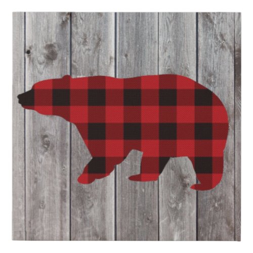 rustic woodland barn wood red buffalo plaid bear faux canvas print