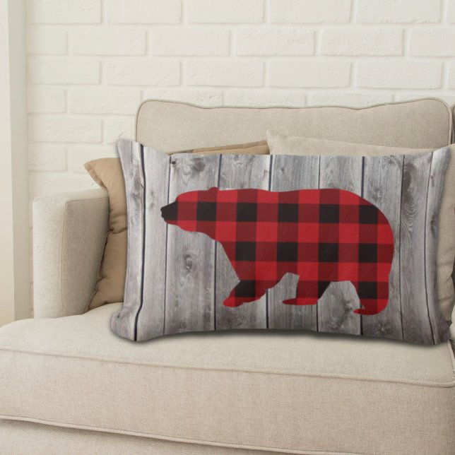 rustic woodland barn wood red buffalo plaid bear lumbar pillow (rustic woodland barn wood red buffalo plaid bear lumbar pillow)
