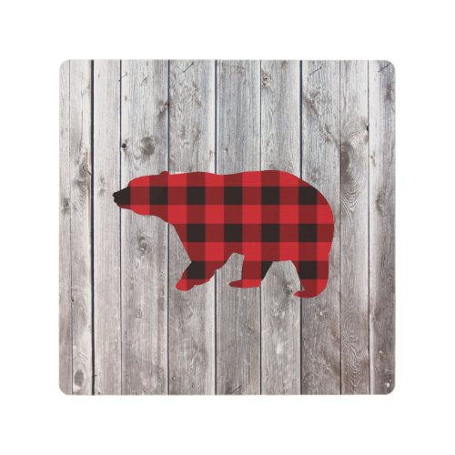 rustic woodland barn wood red buffalo plaid bear metal print