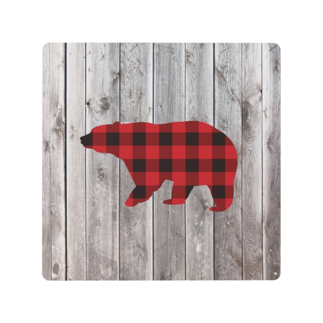 rustic woodland barn wood red buffalo plaid bear metal print (Front)