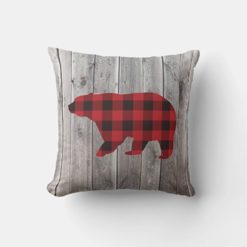 rustic woodland barn wood red buffalo plaid bear outdoor pillow