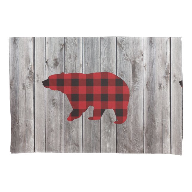 rustic woodland barn wood red buffalo plaid bear pillow case (Front-Left)