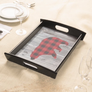 rustic woodland barn wood red buffalo plaid bear serving tray
