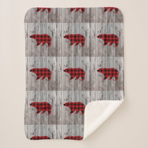 rustic woodland barn wood red buffalo plaid bear sherpa blanket