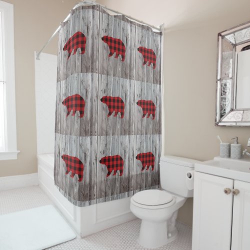 rustic woodland barn wood red buffalo plaid bear shower curtain
