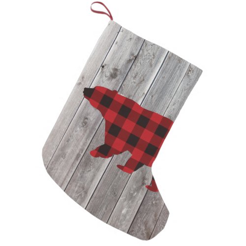 rustic woodland barn wood red buffalo plaid bear small christmas stocking