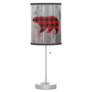 rustic woodland barn wood red buffalo plaid bear table lamp