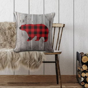 rustic woodland barn wood red buffalo plaid bear throw pillow