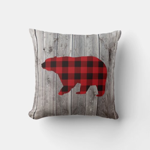 rustic woodland barn wood red buffalo plaid bear throw pillow