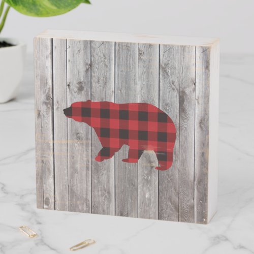 rustic woodland barn wood red buffalo plaid bear wooden box sign