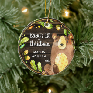 Rustic Woodland Bear Baby's First Christmas Ceramic Ornament