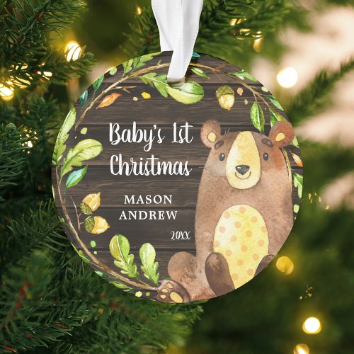 Rustic Woodland Bear Babys First Christmas Ornament