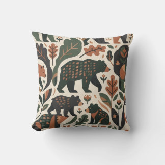 Rustic Woodland Bear Folk Art Pattern Throw Pillow