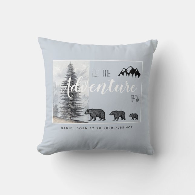 Rustic Woodland Bear Nursery Birth Stats Throw Pillow (Front)