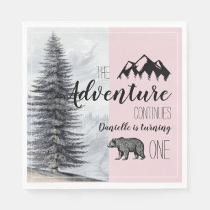 Rustic Woodland Bear Pink Girl First Birthday Napkins