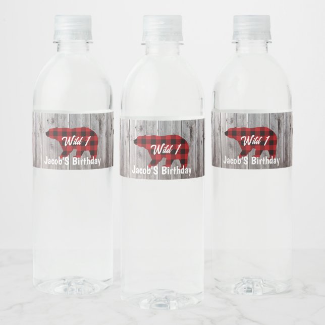 Rustic Woodland bear wild one 1st birthday party Water Bottle Label (Bottles)