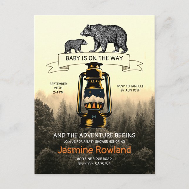 Rustic Woodland Bears Baby Shower Invitation Postcard (Front)