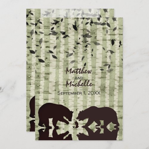 Rustic Woodland Bears Fishing Birch Trees Wedding Invitation