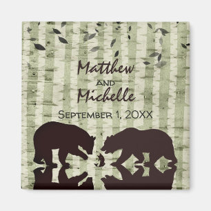 Rustic Woodland Bears Fishing, Birch Trees Wedding Magnet