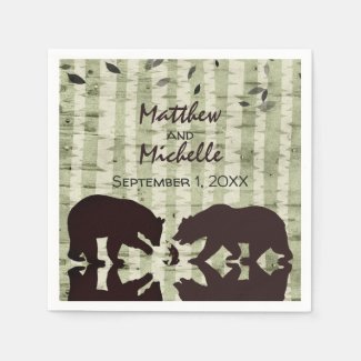 Rustic Woodland Bears Fishing, Birch Trees Wedding Napkin