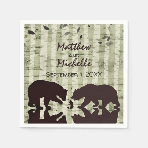 Rustic Woodland Bears Fishing Birch Trees Wedding Napkins