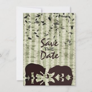 Rustic Woodland Bears Fishing, Birch Trees Wedding Save The Date