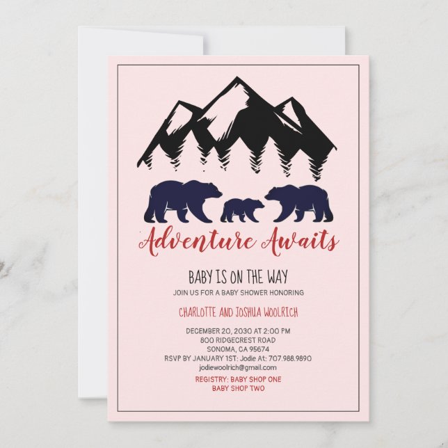 Rustic Woodland Bears Pink Baby Girl Baby Shower (Front)