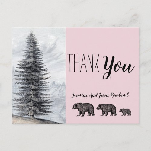 Rustic Woodland Bears Pink Baby Shower Thank You Postcard