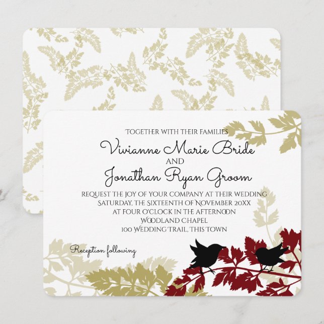Rustic Woodland Birds Burgundy and Gold Wedding Invitation (Front/Back)