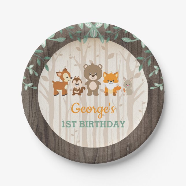 Rustic Woodland Birthday Forest Animal Baby Shower Paper Plates (Front)