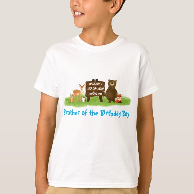 Rustic Woodland Birthday Party Animals Brother T-Shirt (Front)