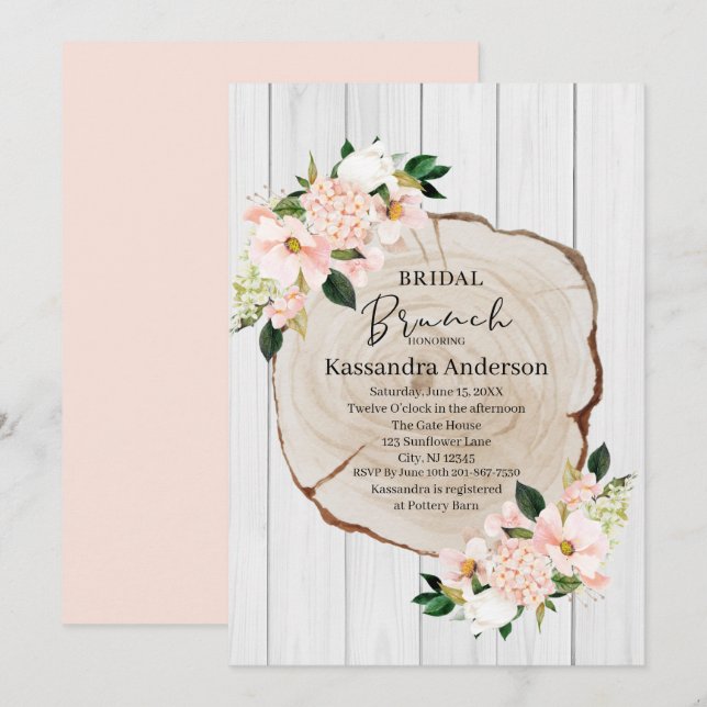 Rustic Woodland Blush Floral Bridal Brunch Invitation (Front/Back)