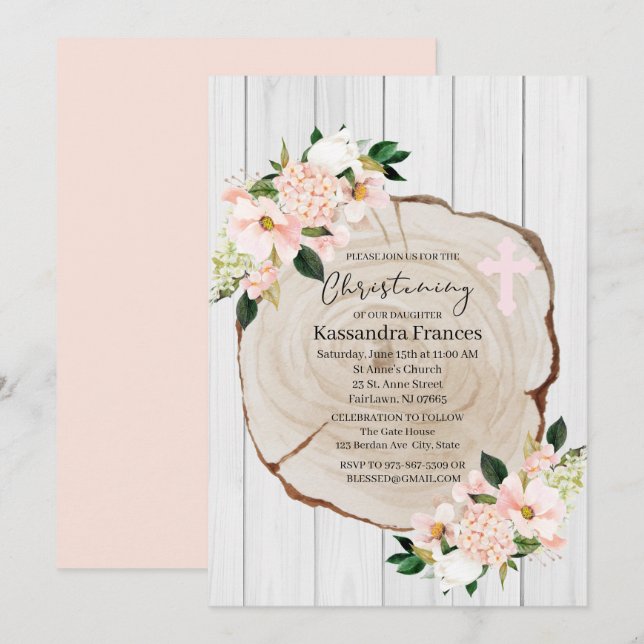 Rustic Woodland Blush Floral Christening Invitation (Front/Back)