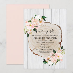 Rustic Woodland Blush Floral Twins Baby Shower Invitation