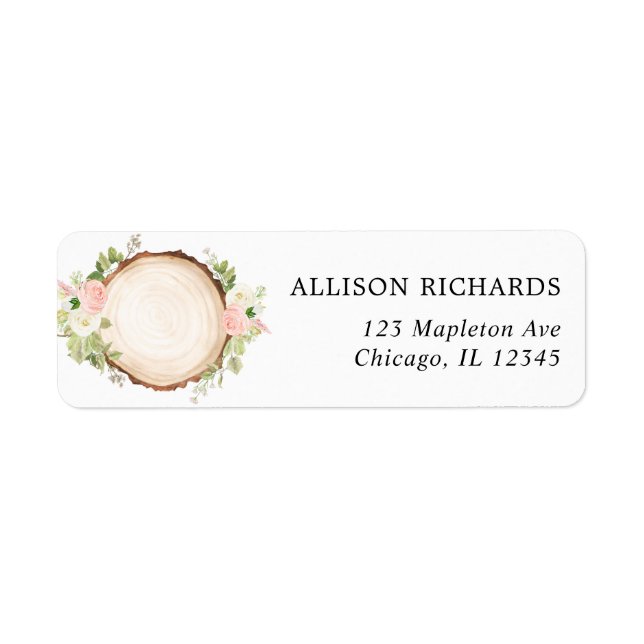 Rustic woodland blush pink white floral wood slice label (Front)