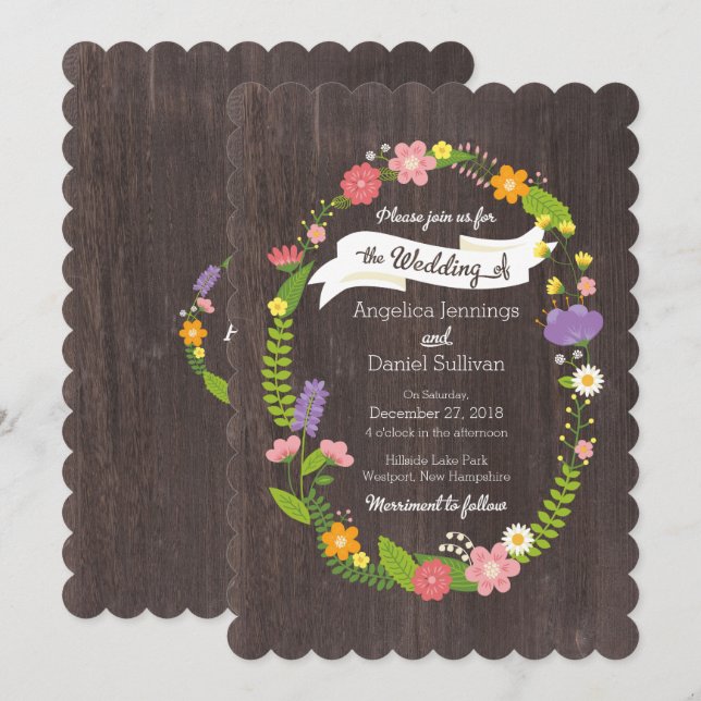 Rustic Woodland Bohemian Floral Wreath Wedding Invitation (Front/Back)