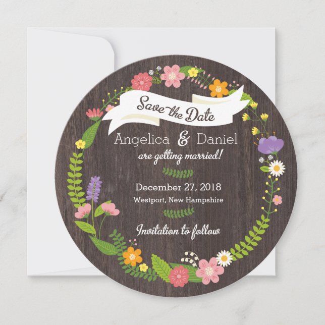 Rustic Woodland Bohemian Floral Wreath Wedding Save The Date (Front)